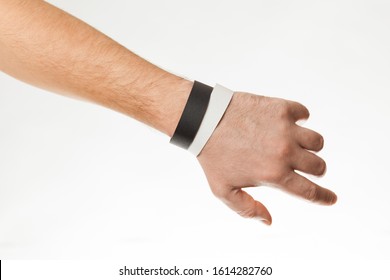 Black And White Version Of Blank Bracelet On Hand. Paper Festival Branding Wristband, Mockup.