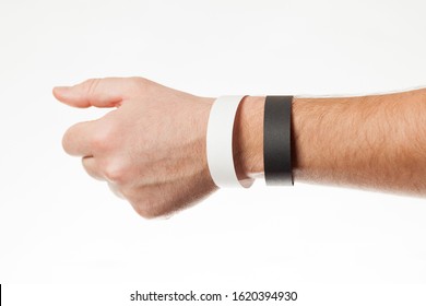 Black And White Version Of Blank Bracelet On Hand. Paper Festival Branding Wristband, Mockup.