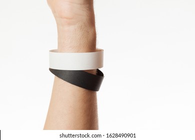 Black And White Version Of Blank Bracelet On Hand. Paper Festival Branding Wristband, Mockup.