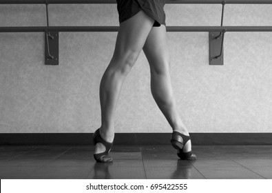 Black and White Version of fourth position at the barre in Jazz Class