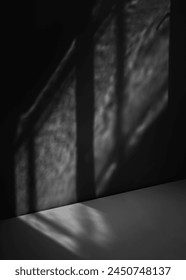 Black white vertical background. Empty dark room with window shadow. Wall floor. Architecture inside interior indoor. Night. Light. Displaying presentation. Product. Stage podium mock up 3D template. 