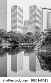 A Black And White Vertical Photo Of Office Towers Reflected In The Wide Moat Of Osaka Castle In A Park In Osaka, Japan.