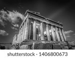 Black and white view of the eastern side of the Parthenon, Athens, Greece