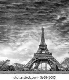 Black and white view of Eiffel Tower in Paris, France.