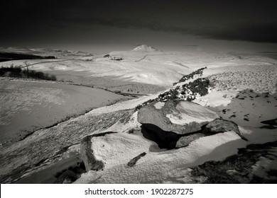 Black And White View Of The Lomond Hills In Fife, Scotland At Winter.