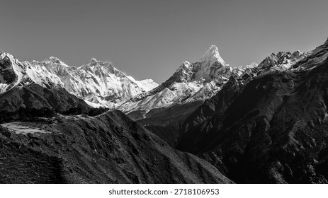Black and white view of Mount Ama Dablam as seen from the Everest Base Camp trek, Nepal