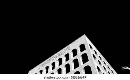 Black And White View Of The Palazzo Della Civiltà Italiana Also Known As Colosseo Quadrato In Rome, Italy