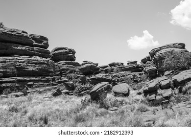 Black And White View Of The Strange Rock Formations Of The Weathered Quartzite In The Magaliesberg Mountains