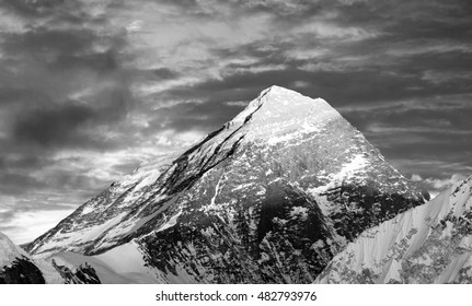 Black and white view of top of Mount Everest from Gokyo valley - way to Everest base camp - Nepal - Powered by Shutterstock