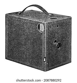 Black and white, vintage antique box camera illustration circa 1900
