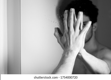 Black and white wet mirror touching finger eye  hand alone - Powered by Shutterstock