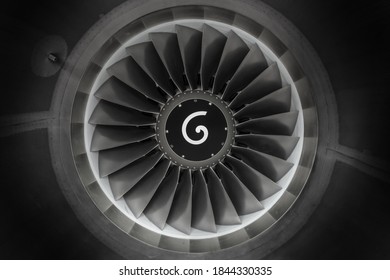 Black and white wide angle photo of a jet engine.