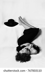 Black And White, Woman Lay Down, Full Length, Photo From Above, Legs, Two Beautyful Hands, Hat, Girl Dont Look At Camera Jacket On Naked Body, Accessories, Long Skirt, Bw, Isolate, Fashion