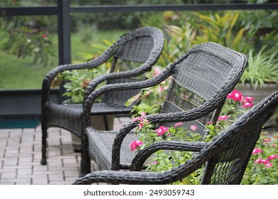 Black Wicker Patio Furniture  Outside On A Patio.  - Powered by Shutterstock