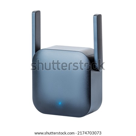 Black wi-fi range extender with small antennas, plugged into an electrical outlet. Isolated with clipping path on white background