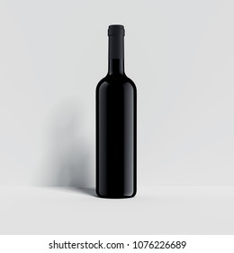 Black Wine Bottle On The White Background With Shadow On The Wall, 3d Rendering