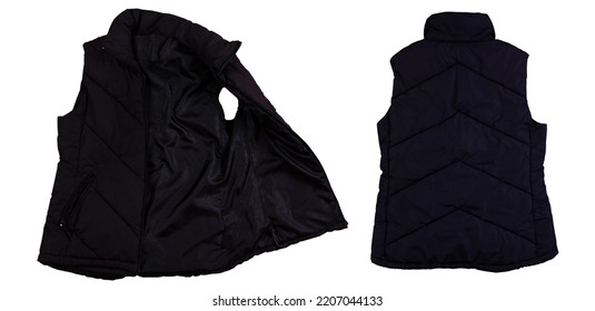 Black Winter Puffer Vest, Sleeveless Jacket Mockup Set - Down Padded Vest, Front And Back View.