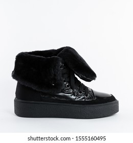 black winter womens low shoes with fur