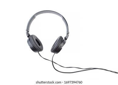 Black wired headphones on a white background. Isolate of black headphones. Audio accessory. - Shutterstock ID 1697394760