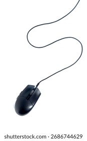 A black, wired optical computer mouse, isolated on a clean white background. A standard peripheral device for desktop computer navigation, work, or gaming