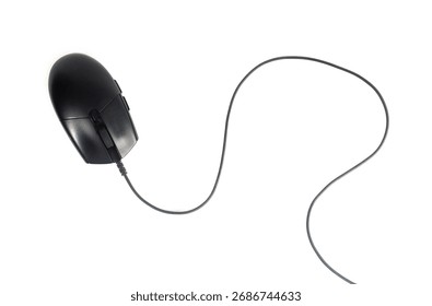 A black, wired optical computer mouse, isolated on a clean white background. A standard peripheral device for desktop computer navigation, work, or gaming
