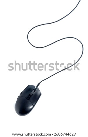 A black, wired optical computer mouse, isolated on a clean white background. A standard peripheral device for desktop computer navigation, work, or gaming