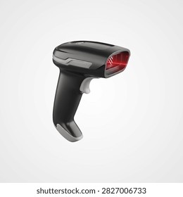 Black wireless computer mouse with red scroll wheel on white background
