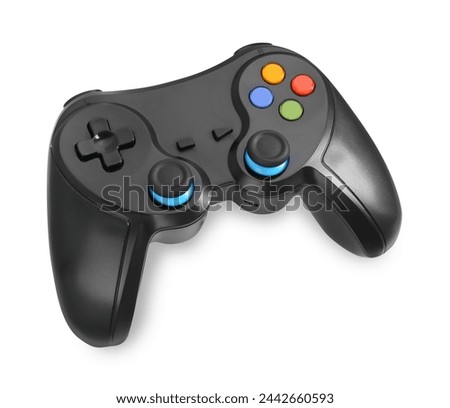Black wireless controller on white background, above view