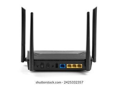 Black wireless internet router isolated on white background. Wireless Wi-Fi router isolated on white. Fiber Optic Internet. Network cables Connected to a router, speed test concept.