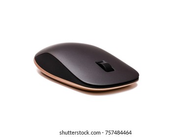 Black wireless Mouse with Golden bottom on white isolated bbackground