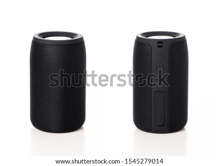 Similar – Image, Stock Photo Wireless portable speaker isolated on white background. Red Digital portable speakers. Small sound music box speaker. Modern design mini portable Wireless loudspeaker. Digital wireless technology.