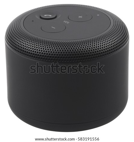 Black wireless portable bluetooth speaker, isolated on white background.