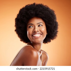 Black woman, african beauty and skincare health of luxury spa model with a smile on an orange studio background. Natural skin, healthy face and happy casual organic cosmetic afro hair treatment model - Powered by Shutterstock