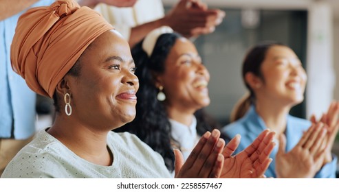 Black woman, applause and accounting business meeting with staff celebration of company success. Target growth, finance team and diversity of business group clapping for support and happiness - Shutterstock ID 2258557467