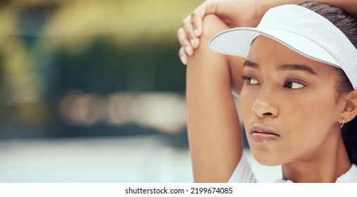 Black Woman Athlete, Stretching Muscle And Exercise Focus Training Wellness. Strong Fitness Ambition, Sports Workout Motivation And Young Healthy Girl With Flexible Arm Joints Closeup Portrait