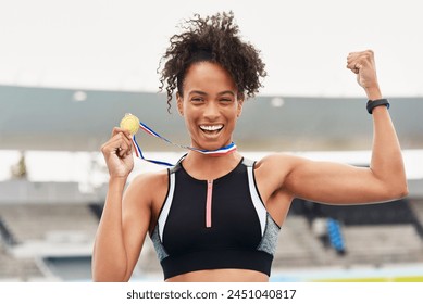 Black woman, athlete and success with medal at stadium as champion for competition or game in Brazil. Portrait, winner and smile with award prize for victory, achievement and happy for sport career - Powered by Shutterstock