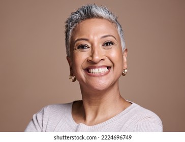 Black Woman, Beauty And Smile In Studio For Senior Skincare, Cosmetics Or Fashion On Brown Background For Health, Wellness And Motivation. Face Portrait Of Mature Model With Perfect Teeth And Skin