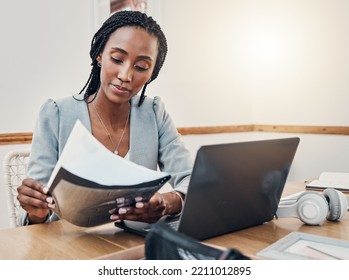 Black Woman With Business Documents, Small Business Entrepreneur Working On Strategy And Planning Online Marketing. Learning Startup Industry Vision, Laptop For Advertising Company And Technology Job