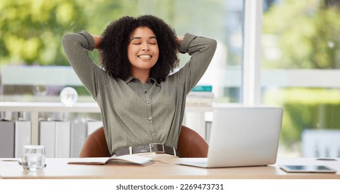 Black woman in business, relax in office and stress relief, content and peace with career satisfaction and job well done. Laptop, break and smile with positive mindset and corporate female at desk - Powered by Shutterstock