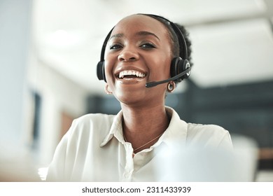 Black woman, call center and laugh portrait with a smile in a office with contact us work. Telemarketing, consulting job and African female employee with consultation and customer service at company - Powered by Shutterstock