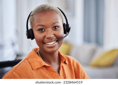 Black woman, call center and portrait with headphones for consulting, telemarketing or working remote at home. Face of happy African female person, consultant or agent with headset for online advice - Powered by Shutterstock