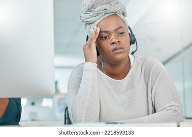 Black Woman, Call Center And Stress, Headache And Tired In Customer Support, Customer Service Or Help. Crm, Contact Us Or Burnout In Telemarketing, Consulting Or Mental Health At Office With Computer