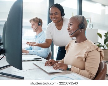 Black woman, call center training and manager with employee smile working for online customer support or telemarketing company. Crm consultant, office desk and staff help with contact us internet faq - Powered by Shutterstock