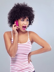 Black Woman, Cellphone For Phone Call And Surprise Announcement With News And Lipstick On White Background. Contact, Chat And Tech With Afro Hairstyle And Pink Makeup, Wow Or Shock With Reaction