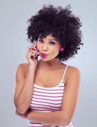 Black Woman, Cellphone For Phone Call And Communication, Kiss In Portrait And Lipstick On White Background. Contact, Chat And Tech With Afro Hairstyle And Pink Makeup, App And Connection With Pout