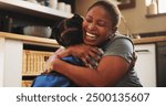 Black woman, child and hug for school, education, morning and support for childhood development. Mother, daughter and smile with affection, embrace and love in kitchen or home for bonding as family