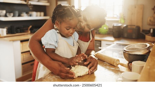 Black woman, child and teaching with dough, cooking and nutrition for support, love and education. Grandmother, girl and baking for development, growth and kitchen as happy family in bonding in home - Powered by Shutterstock