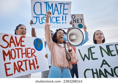 Black woman, climate change and megaphone protest with crowd protesting for environment and change. Save earth sign, group activism and angry people shouting on bullhorn to stop planet pollution. - Powered by Shutterstock