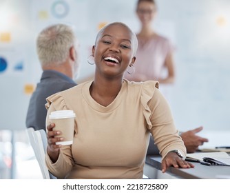 Black Woman, Coffee And Laughing Office Employee In A Team Meeting Feeling Happy About Work. Portrait Of A Working Bald Worker From New York Feeling Happiness Hearing A Funny Joke At Advertising Job