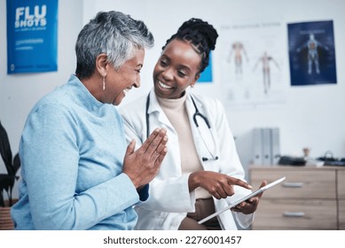 Black woman, doctor and elderly patient with good news, tablet and results for health, advice and report. Happy african medic, mobile touchscreen or healthcare with smile, tech or support in hospital - Shutterstock ID 2276001457